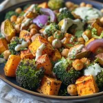 Juicy roasted cauliflower pieces topped with tahini and garnished on a dish.