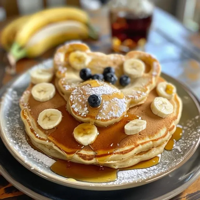 Bear Face Pancakes: A Fun and Flavorful Gluten-Free Breakfast Delicious bear face pancake decorated with sliced bananas and fresh blueberries.
