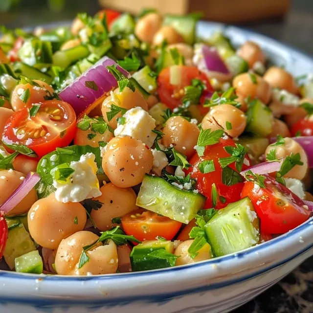 Effortless Mediterranean Chickpea Salad: Fresh Flavors in Minutes A detailed shot of a Mediterranean Chickpea Salad featuring mixed vegetables and herbs in a bowl.