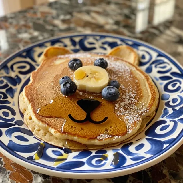 Side view of a gluten-free pancake resembling a bear face, garnished with fruit.