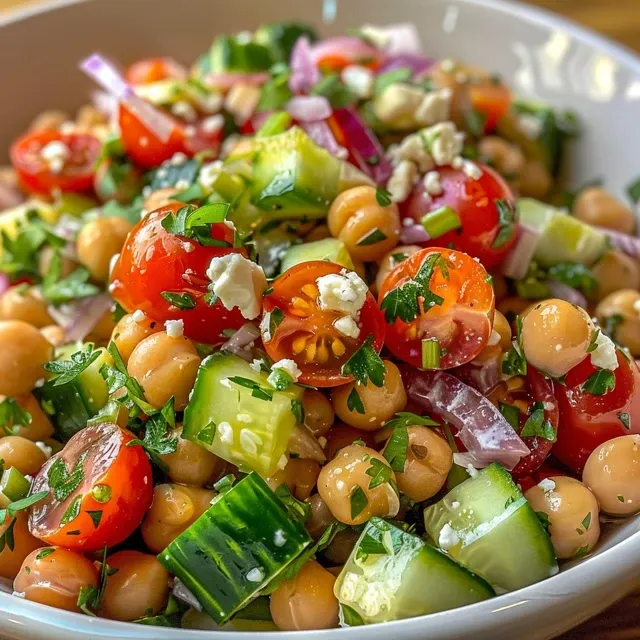 Close-up of a fresh Mediterranean Chickpea Salad, emphasizing canned chickpeas and chopped vegetables.