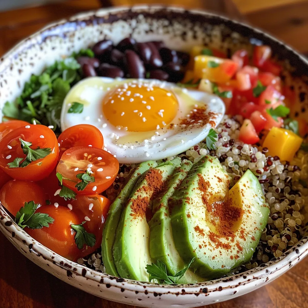 A detailed shot of a protein-packed breakfast bowl showcasing the ingredients arranged attractively.