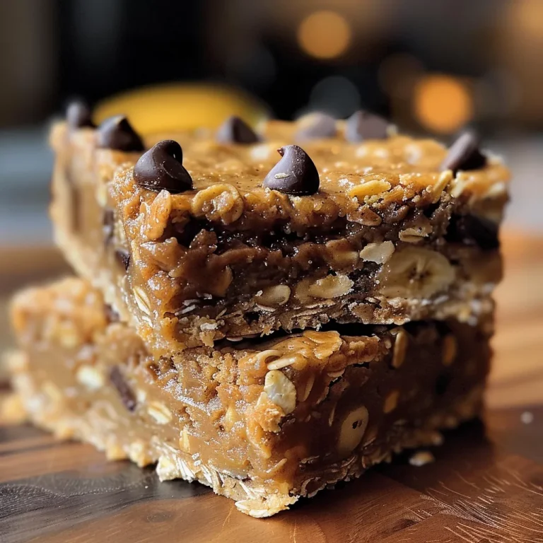 Juicy, homemade banana bars with melted chocolate chips, arranged neatly on a rustic wooden surface.