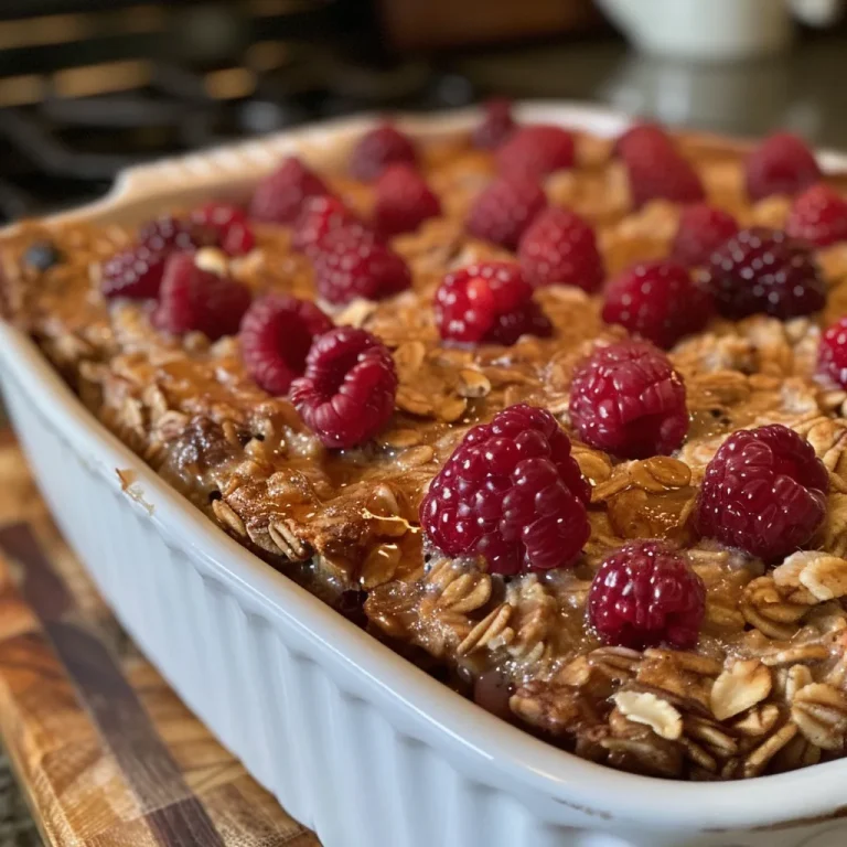 A warm bowl of baked oatmeal featuring a blend of fresh and frozen berries.