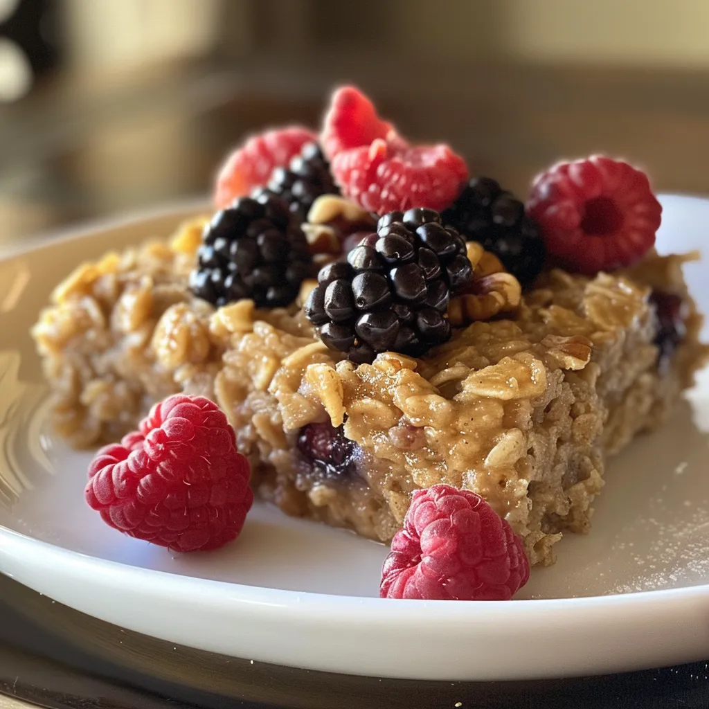 Detailed view of baked oatmeal displaying its creamy texture and berry toppings.