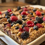 A slice of berry oatmeal bake showing rich textures and vibrant colors from the berries.