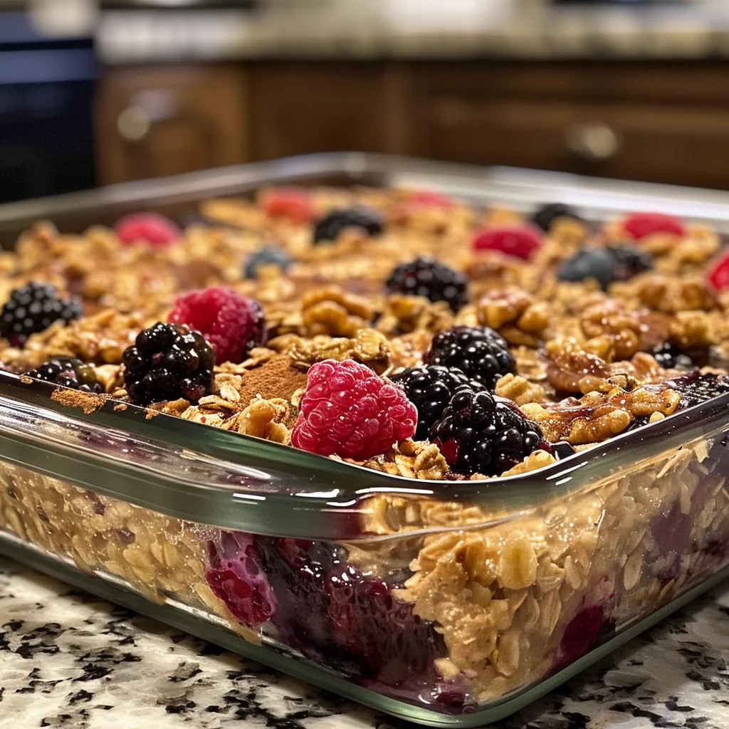 A delicious berry oatmeal bake displaying oats and mixed berries in a cozy kitchen setting.