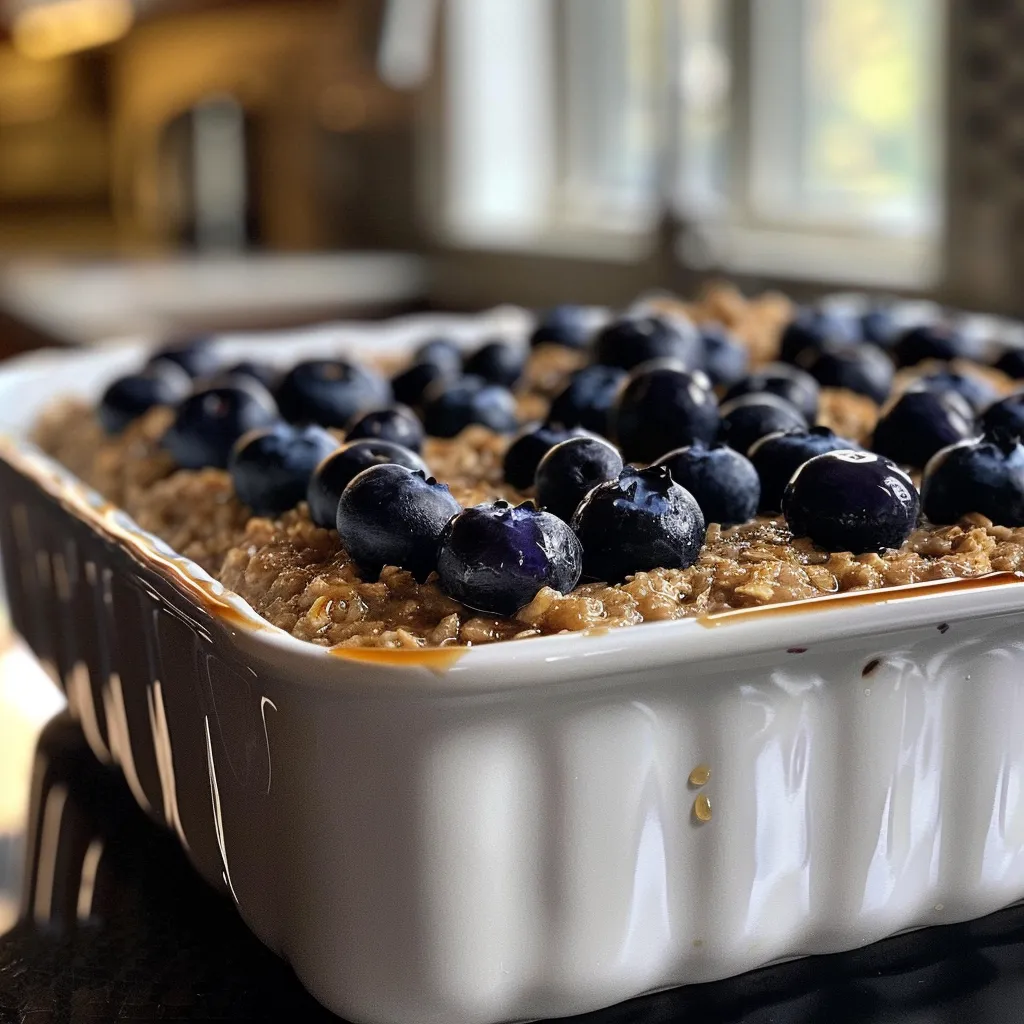 A detailed side shot of Blueberry Baked Oatmeal, featuring its baked surface and vibrant blueberries.