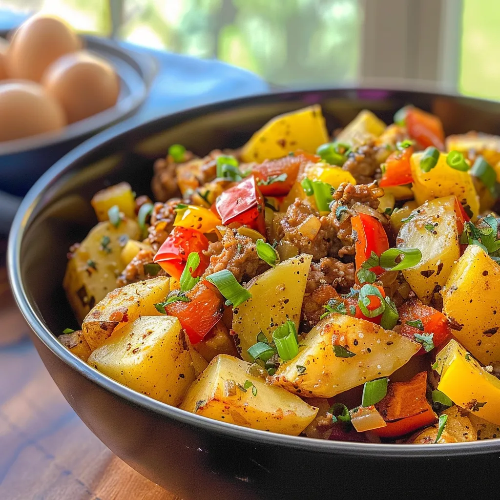 A delicious breakfast bowl featuring a mix of eggs, spices, and diced ingredients.