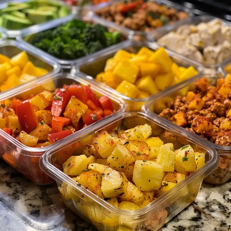 Effortless Breakfast Meal Prep Bowls for Busy Mornings Vibrant breakfast meal prep bowl showcasing baby gold potatoes, ground chicken, and spices.