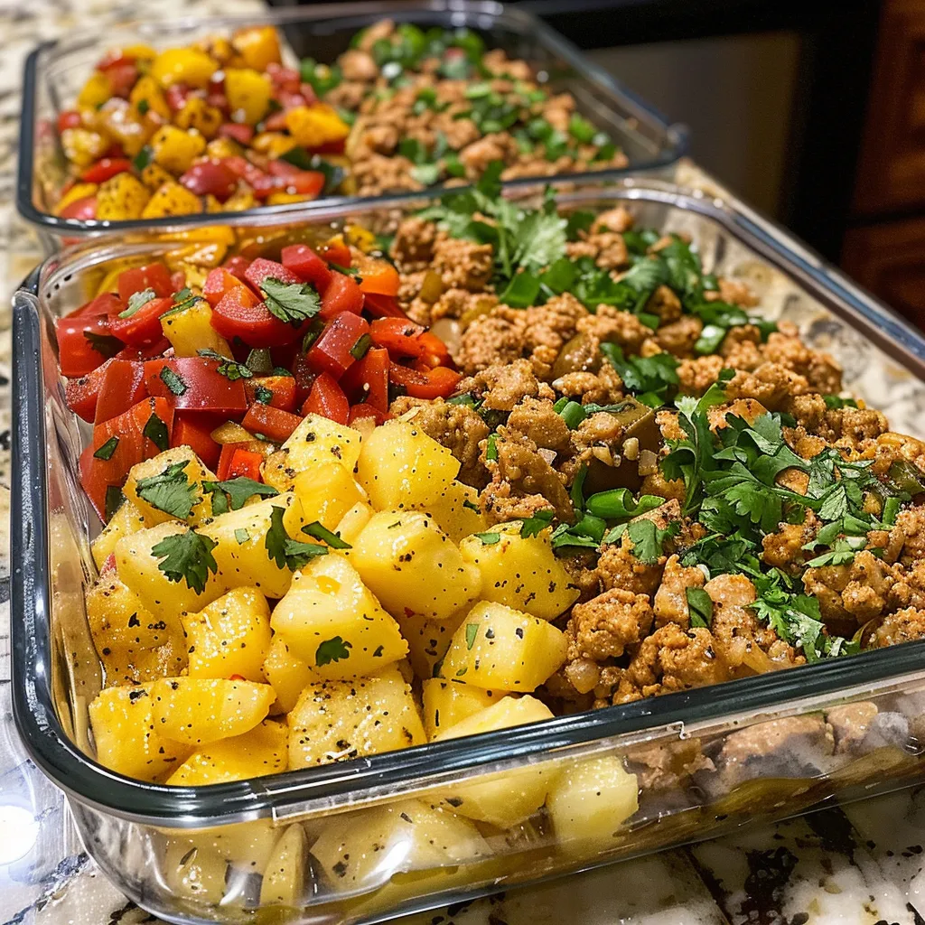 Delicious breakfast meal prep bowl filled with eggs, vegetables, and savory seasonings.