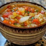 A delicious-looking bowl of cabbage soup showcasing colorful vegetables and herbs.