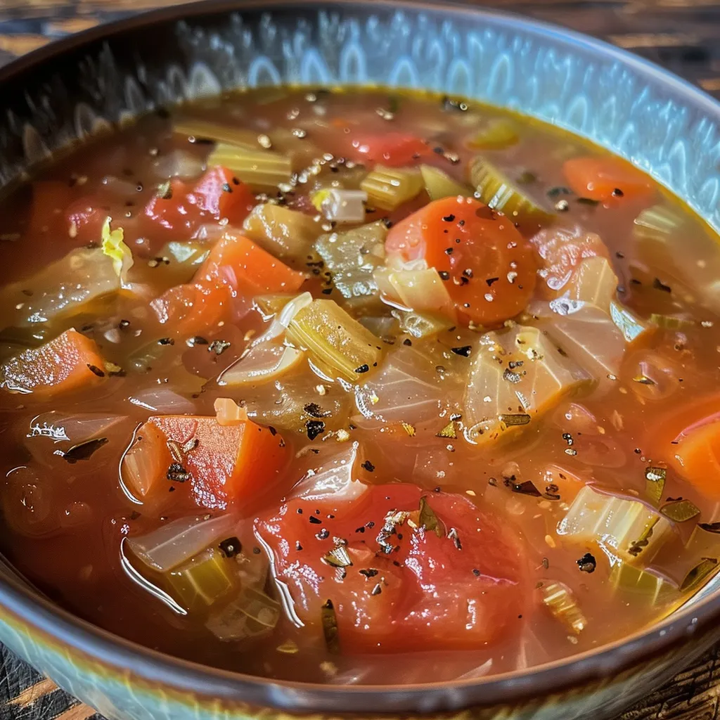 Juicy cabbage soup in a bowl, featuring chunks of cabbage and carrots.