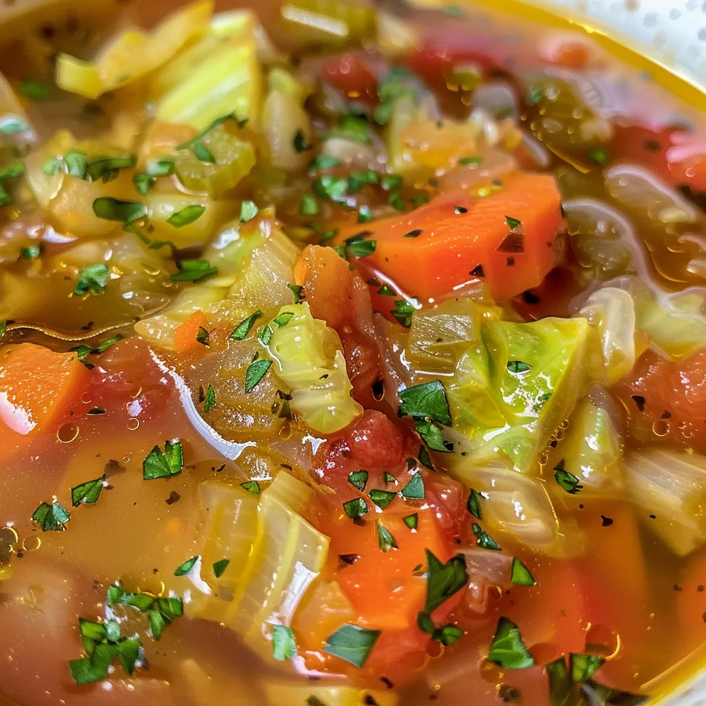 A lush, hearty Cabbage Detox Soup displayed with ingredients in the background.
