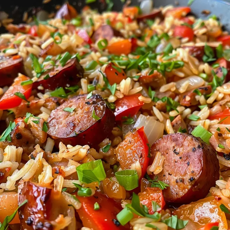 Juicy Cajun sausage and rice skillet viewed from the side, highlighting the rich textures and colors of the ingredients.