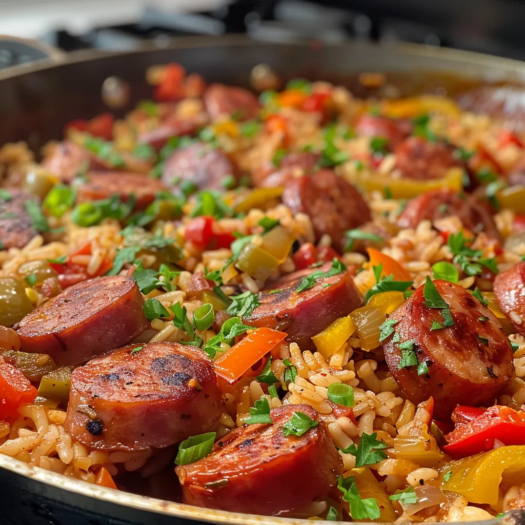Side view of a delicious Cajun sausage and rice skillet, with garnishes and a mix of colorful vegetables.