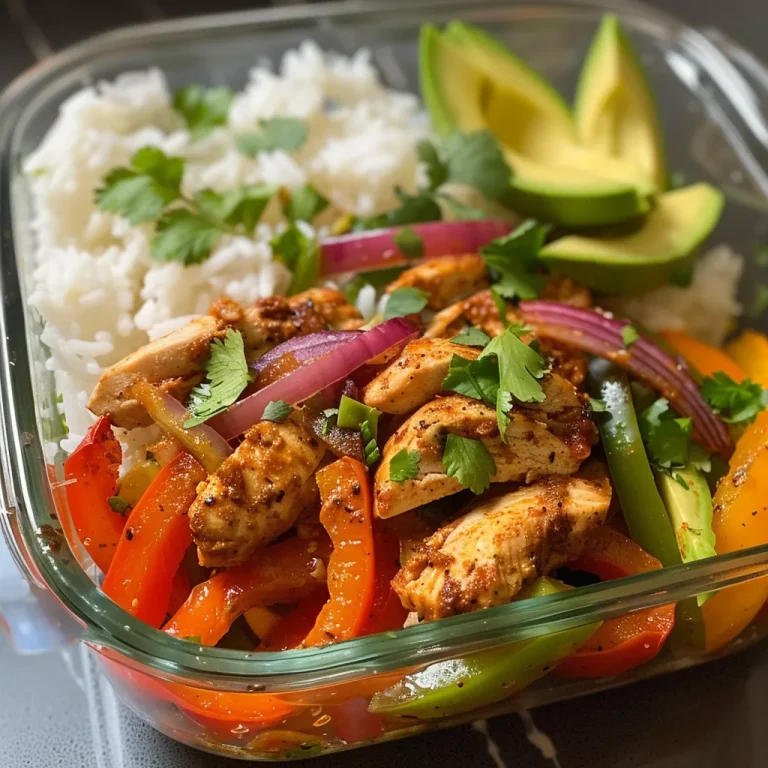 Juicy Chicken Fajita Bowl displaying sliced chicken, bell peppers, and avocado arranged attractively.