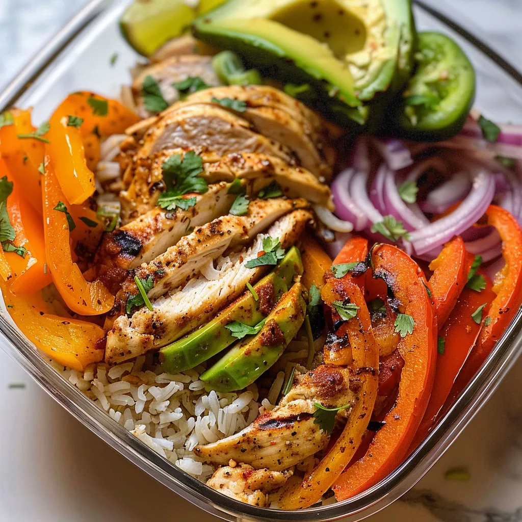 Meal prep bowl filled with chicken fajitas, rice, and garnished with lime and cilantro.