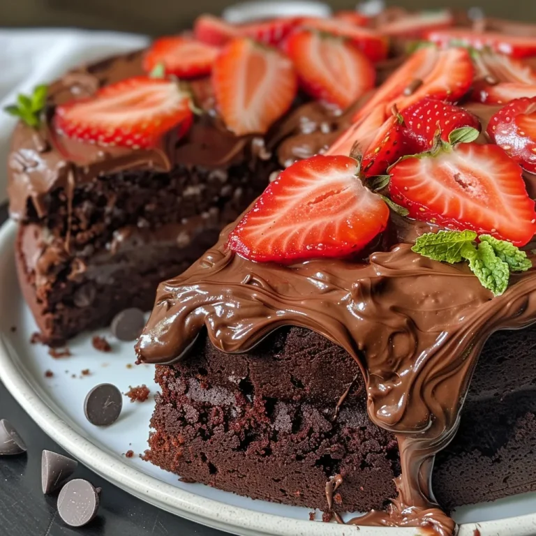 Side view of a decadent chocolate cake featuring a bright strawberry filling and mint sprigs for decoration.