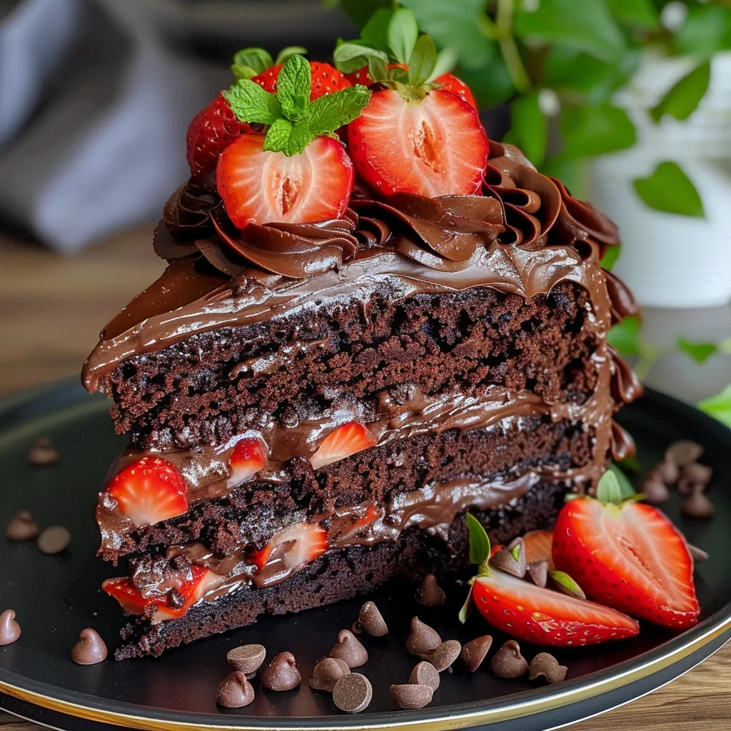 A detailed close-up image of chocolate cake revealing its strawberry center, taken with an iPhone.