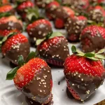 Chocolate covered strawberries arranged on parchment paper, some drizzled with white chocolate.