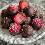 A mouthwatering display of truffles coated in dark chocolate, adorned with freeze-dried strawberries.