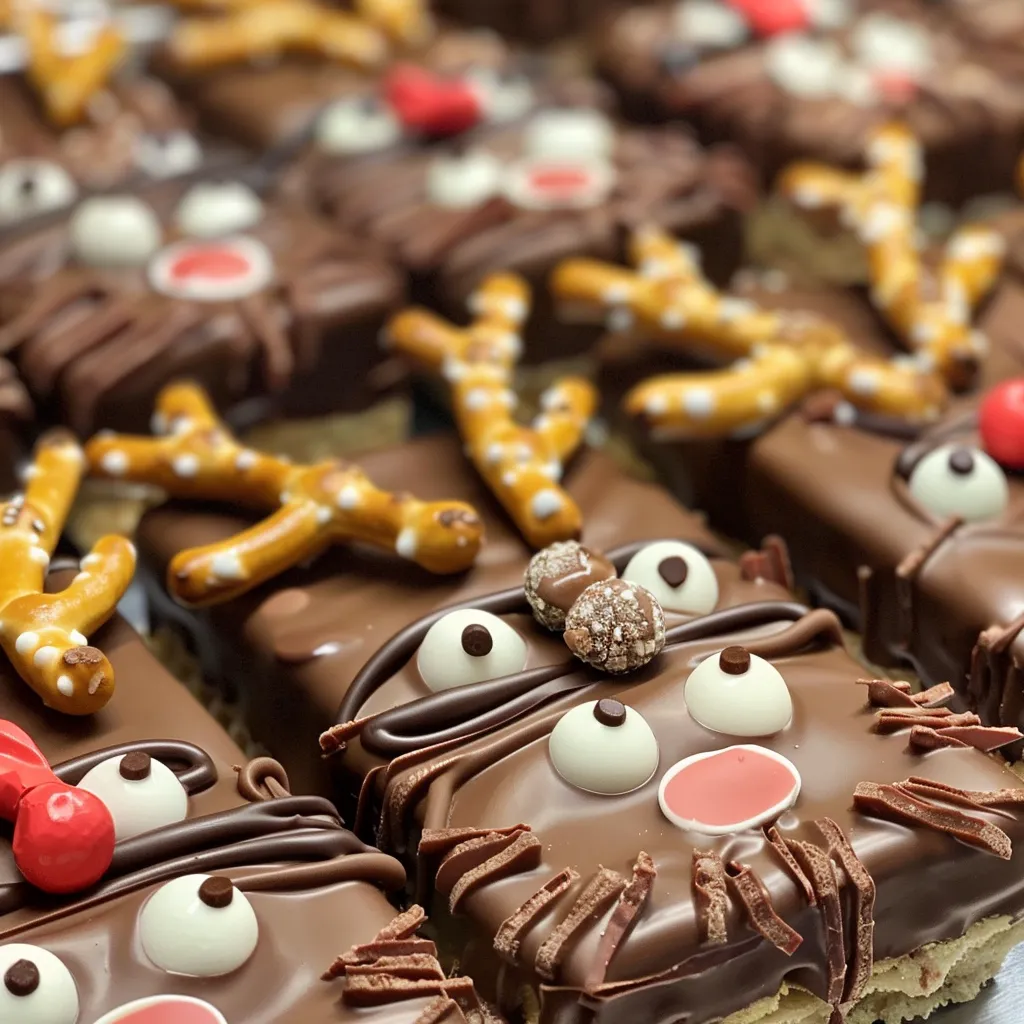 Delicious chocolate-dipped confections styled as reindeer, featuring pretzel antlers.