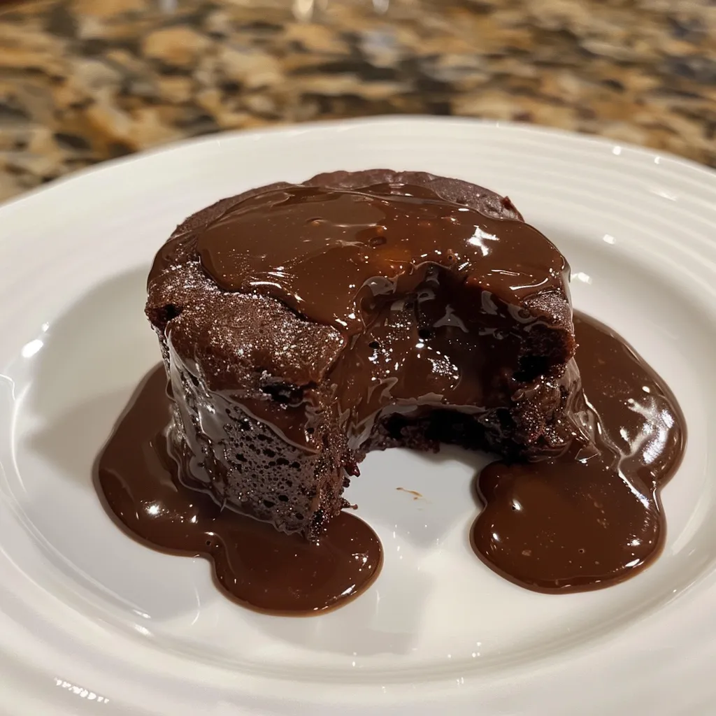A delectable chocolate lava cake cut open, revealing its warm, flowing chocolate center.