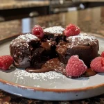 A delicious chocolate lava cake, showcasing its gooey interior and garnished with berries.