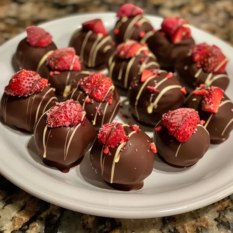 Detailed image of creamy chocolate truffles infused with vibrant strawberry bits.