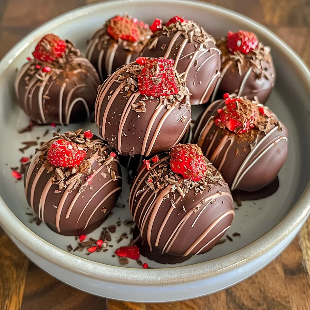 Close-up of gourmet chocolate truffles showcasing a blend of chocolate and freeze-dried strawberries.