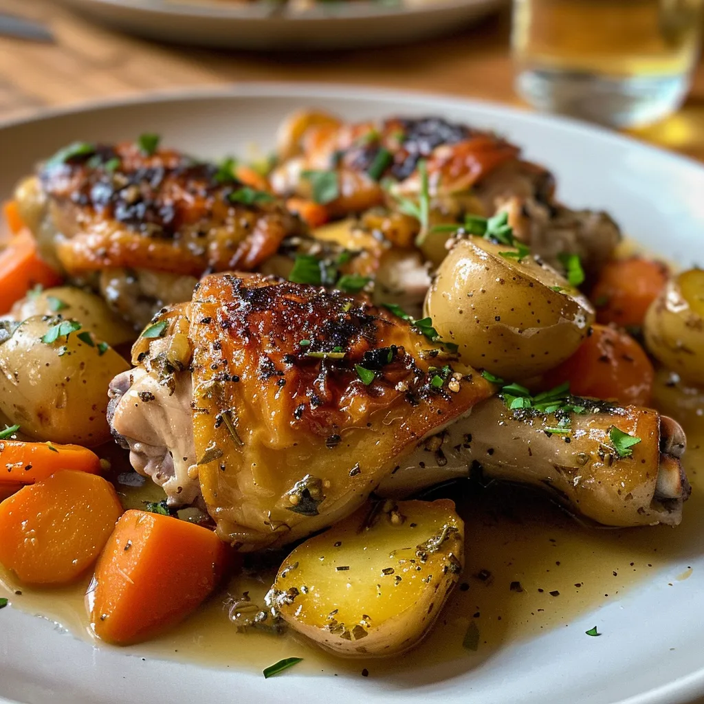 Plate of tender chicken with a creamy sauce alongside fluffy mashed potatoes and glistening glazed carrots.
