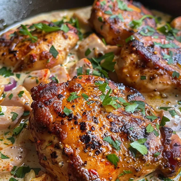 Elevate Your Dinner: High Protein Creamy Cajun Chicken with Garlic Rice Creamy Cajun chicken garnished with parsley, with rice in the background.