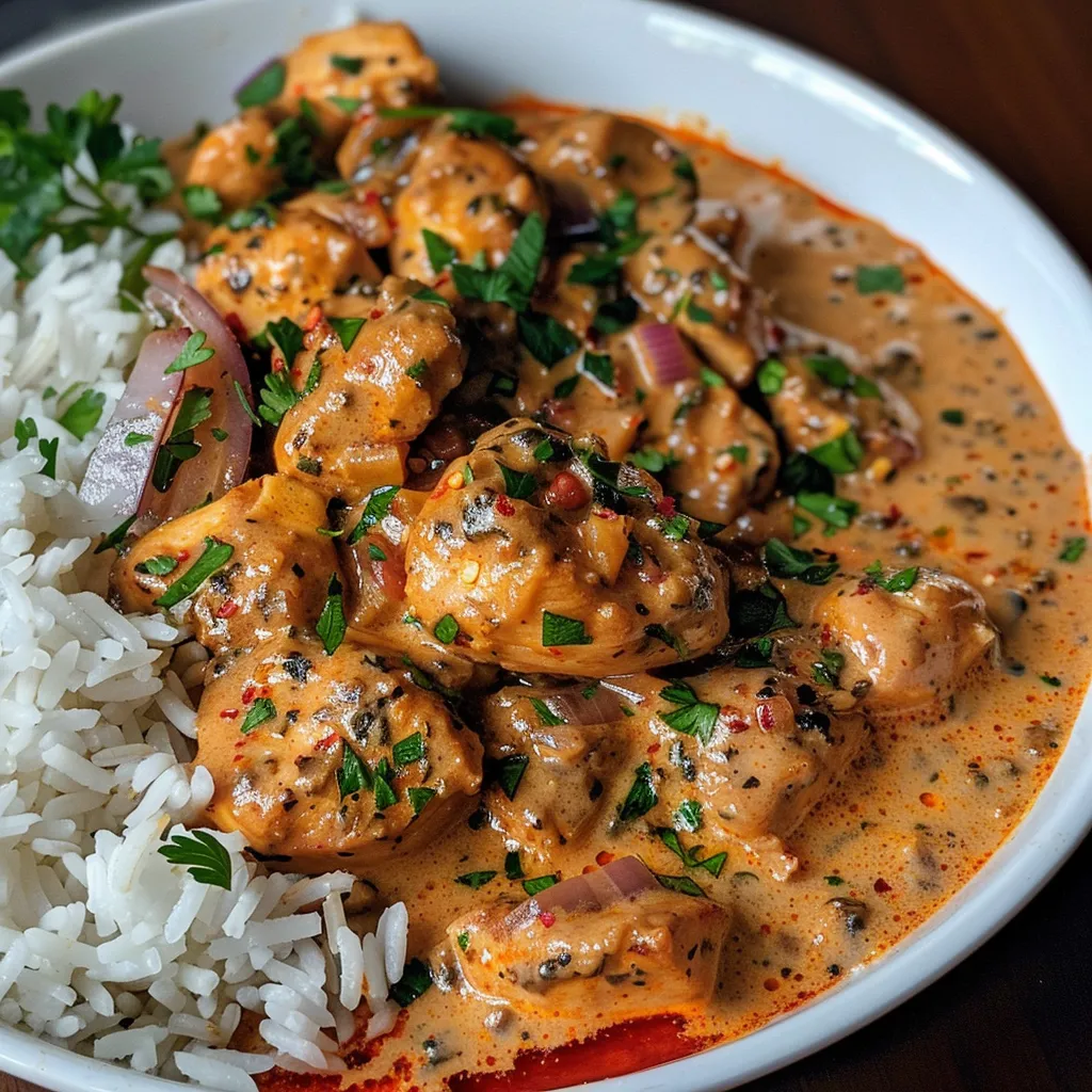 Side view of Cajun chicken dish with rice and colorful spices.