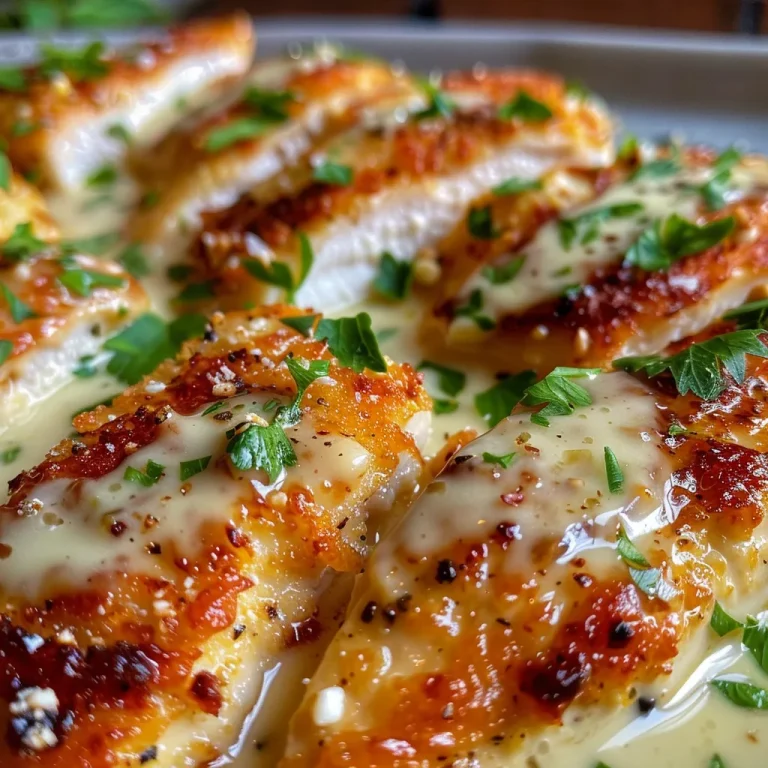 Detailed shot of creamy chicken dish with garlic and Parmesan cheese.
