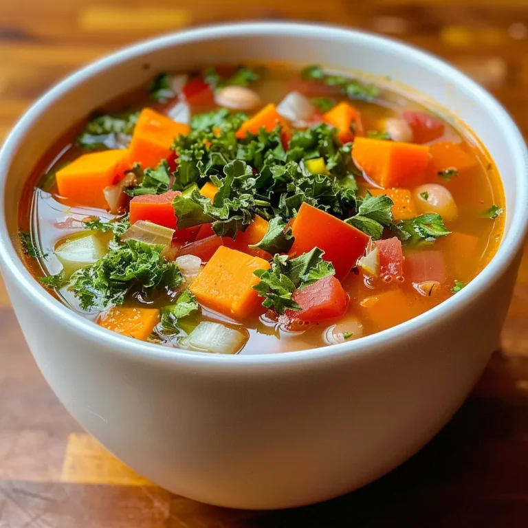 Tasty detox soup with diced vegetables and herbs, displayed in a rustic bowl.