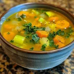 A rich bowl of detox vegetable soup featuring diced onion, garlic, and zucchini.