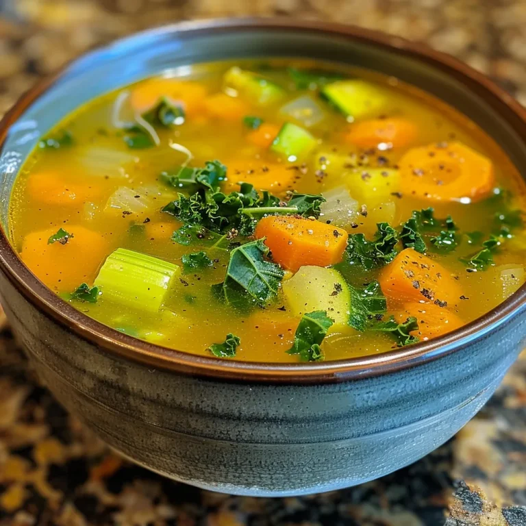A rich bowl of detox vegetable soup featuring diced onion, garlic, and zucchini.