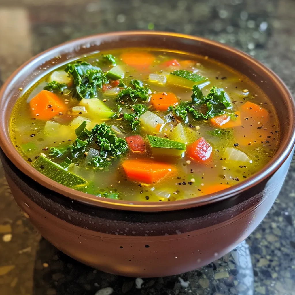 Bright and hearty detox soup with a focus on its healthy ingredients and textures.