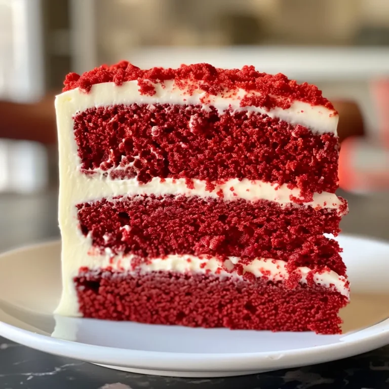 Side perspective of a red velvet cake topped with thick cream cheese icing.