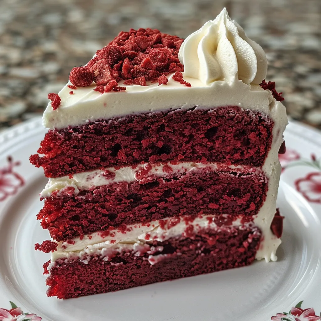 Juicy piece of red velvet cake showcasing its rich color and creamy texture.