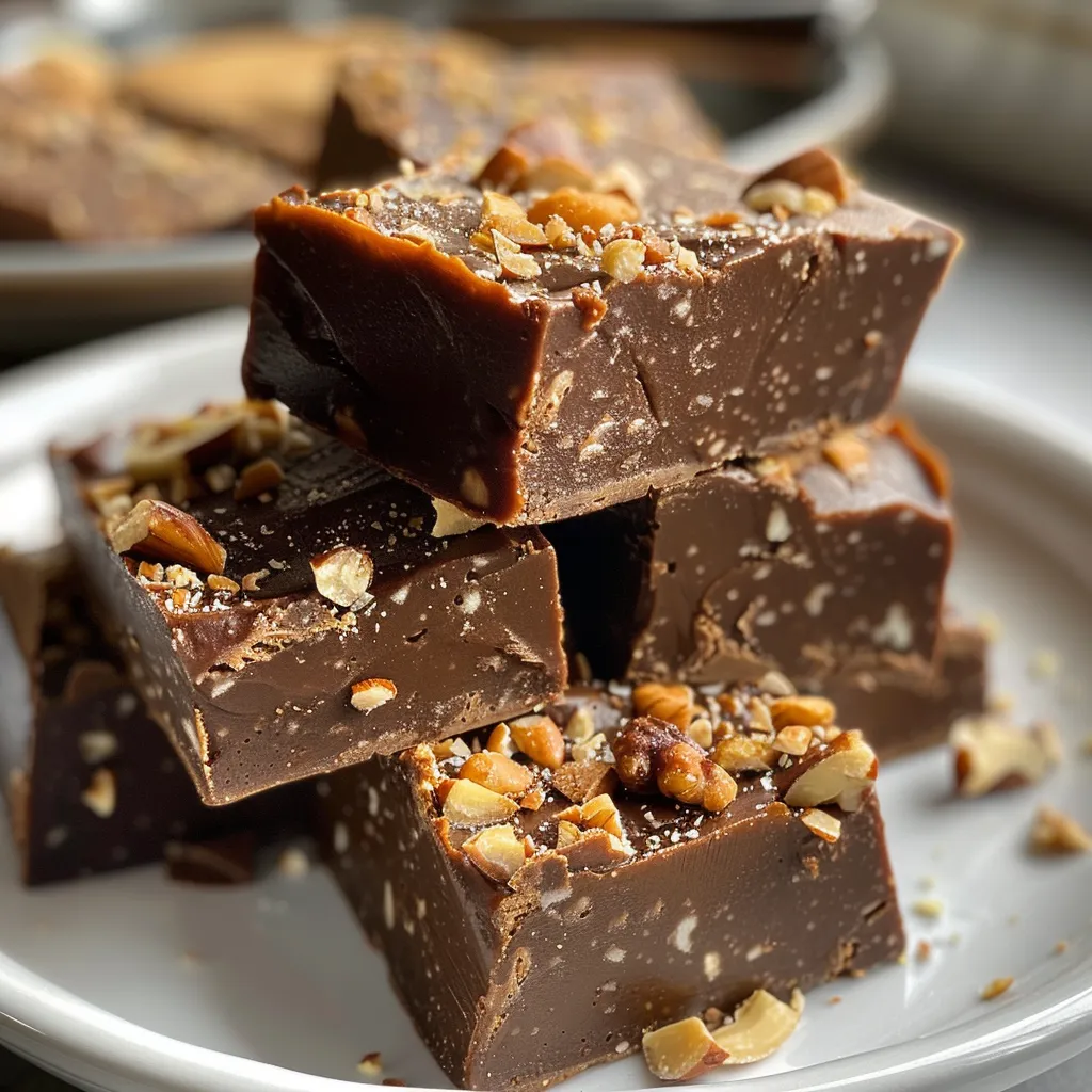 A tempting slice of Easy Keto Fudge showcasing its dark chocolate color and nutty topping.