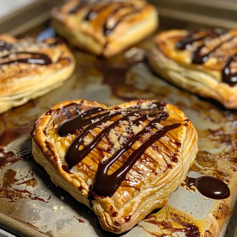 Juicy puff pastry hearts arranged neatly, highlighting their flaky texture.