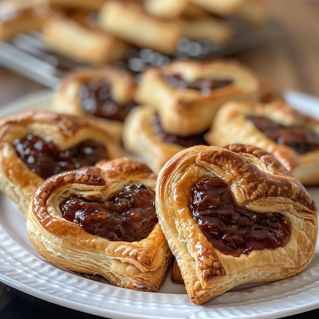 Delicious puff pastry hearts with a shiny glaze, displayed on a rustic table.