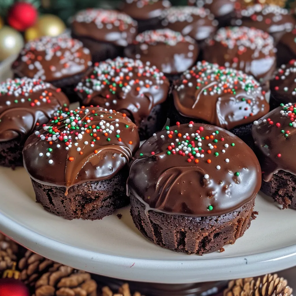 A delectable chocolate gingerbread mini cake with a glossy finish and vibrant holiday sprinkles on a plate.