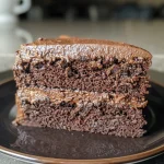 Side perspective of a decadent gluten-free chocolate cake showing its layers.