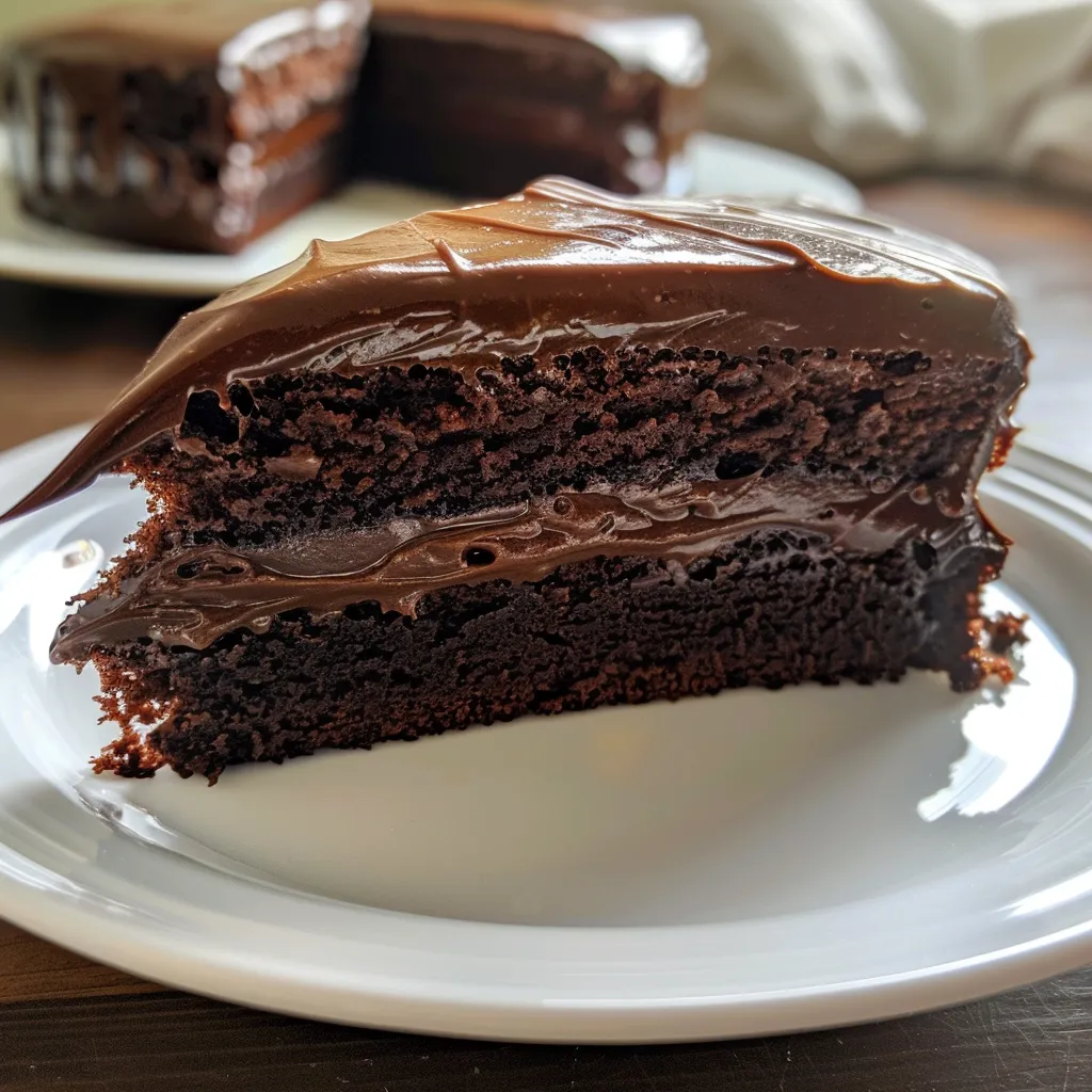 Appetizing side profile of a gluten-free chocolate cake piece, revealing a drizzle of chocolate on top.