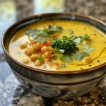 Vivid golden soup with chunks of carrots, broccoli, and chickpeas in a white bowl.