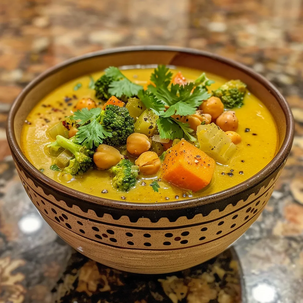 Bright yellow detox soup featuring olive oil, onion, and fresh herbs, displayed invitingly.