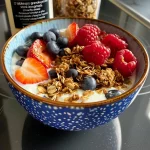 Side view of a delicious Greek yogurt bowl featuring strawberries, blueberries, granola, and a sprinkle of cinnamon.